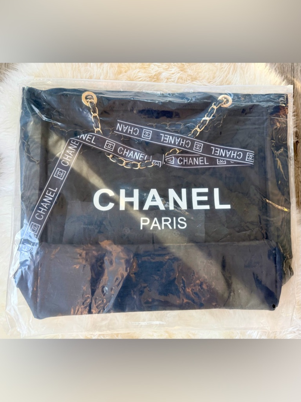 BRAND NEW Chanel Beaute Black Mesh Bag w Gold Chain & Matching Mesh Pouch - Picture 4 of 16